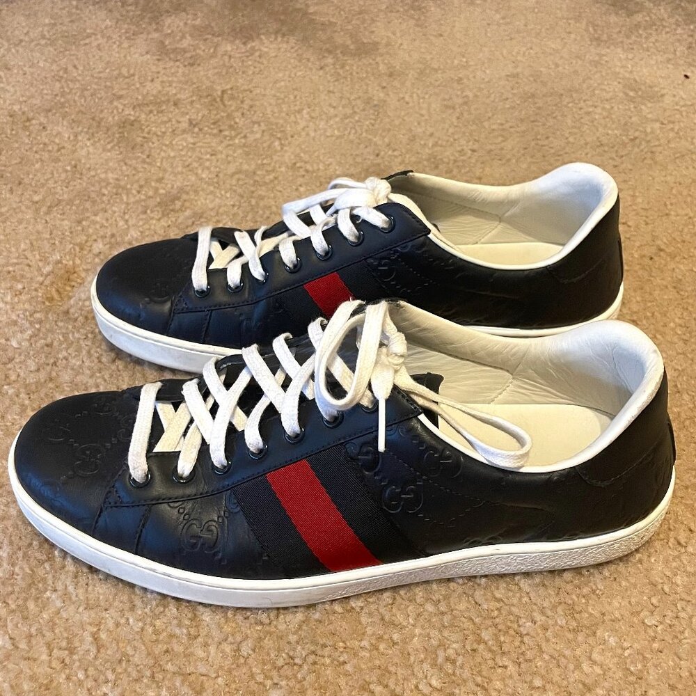Gucci Web Accent Leather Sneakers - Navy (Size 9)